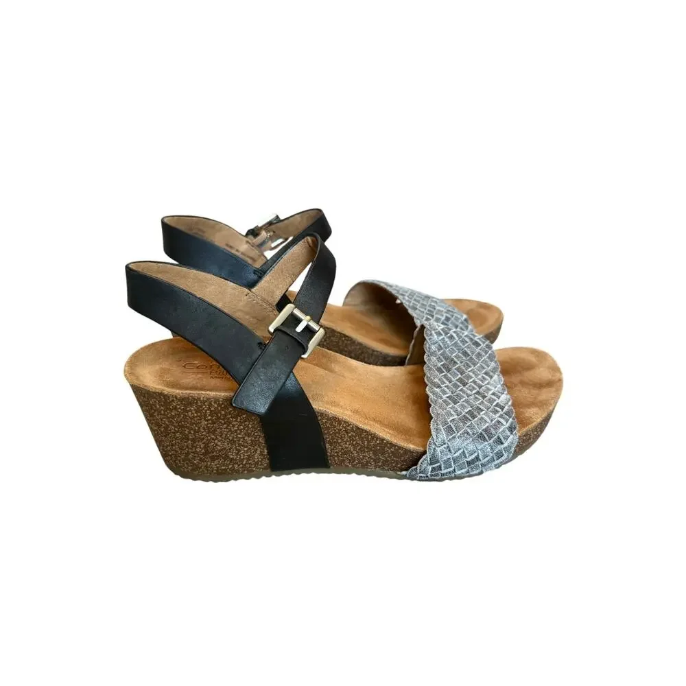 Comfortiva Eshana Wedge Sandals Gray Woven Leather Black Ankle Strap Size 7.5